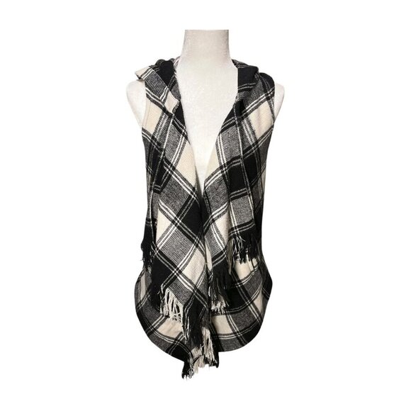 Altar'd State Jackets & Blazers - Altar'd State Black Cream Plaid Waterfall Hooded Vest Fringe Small